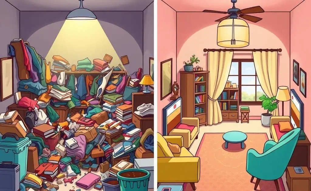 Illustration showing a before and after of a cluttered room transformation