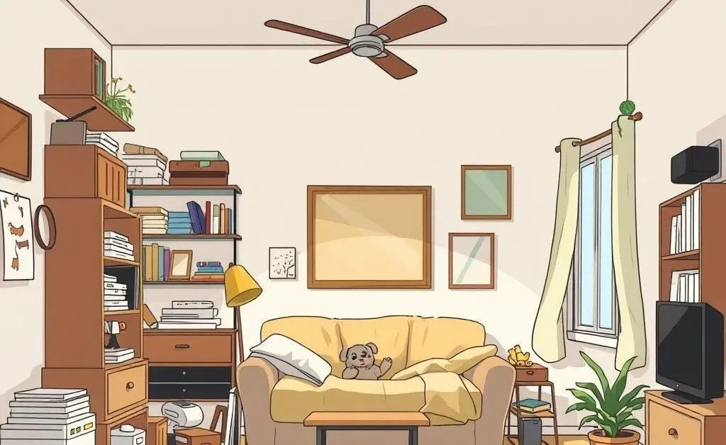 Cartoon-style transition from a cluttered room to a clean, minimalist space