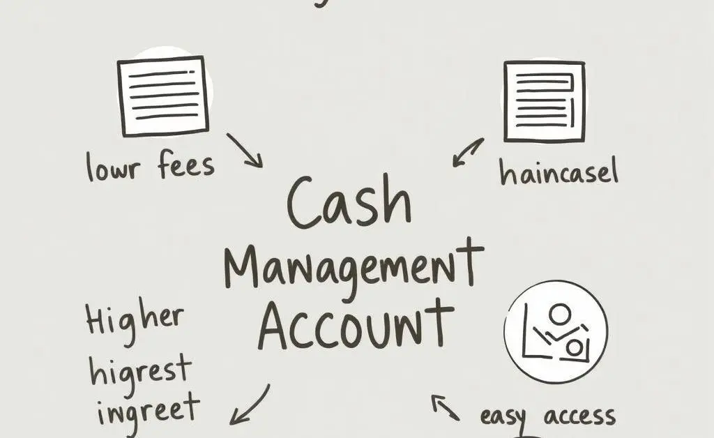 A hand-drawn illustration showing benefits of a Cash Management Account: lower fees, higher interest, easy access.