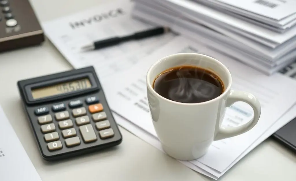 A neat desk with a steaming coffee cup, calculator, and a pile of invoices