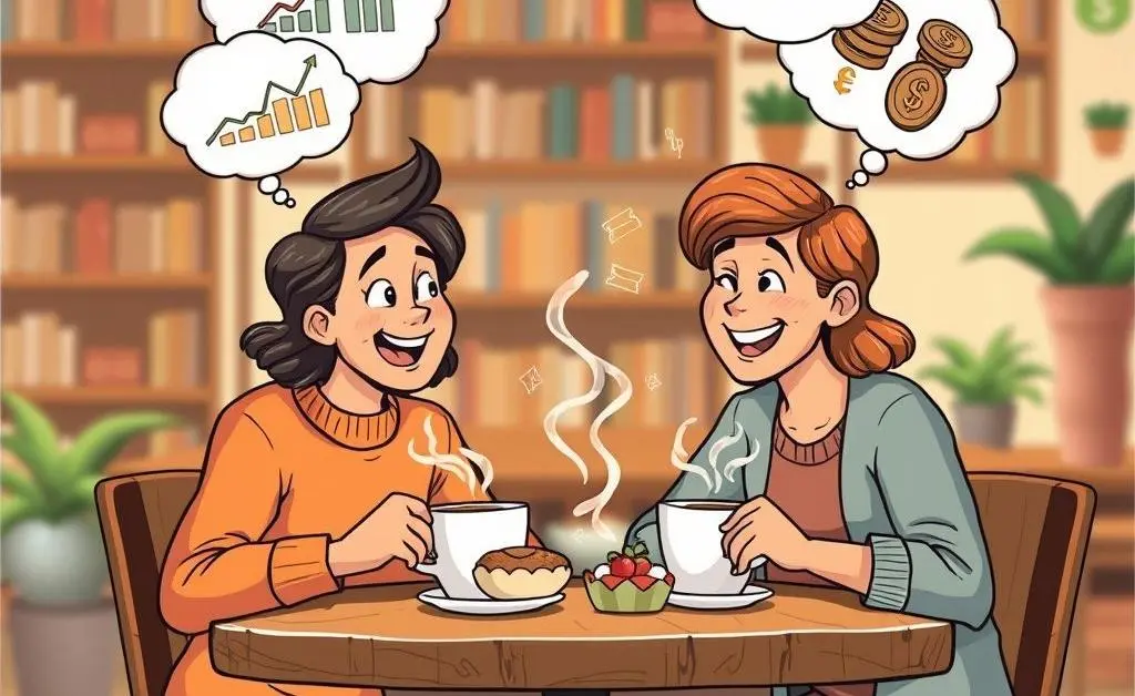 Two friends discussing economics over coffee