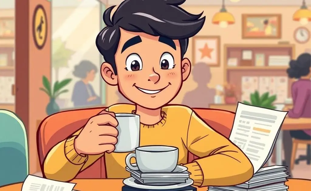 Cartoon of a person enjoying a coffee break while surrounded by job applications