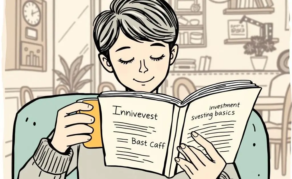 A person on a coffee break, reading a book about investment basics in a cozy café