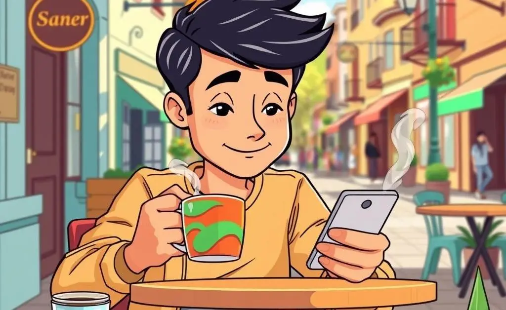 A cartoon of a person having coffee while checking finances