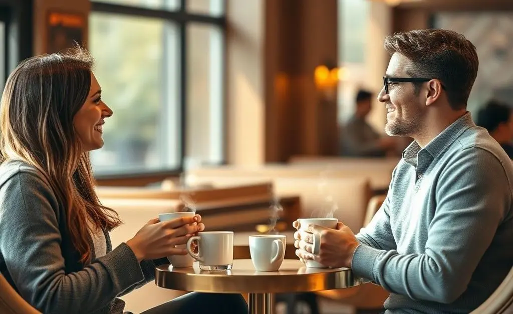 Two people discussing insurance over coffee.