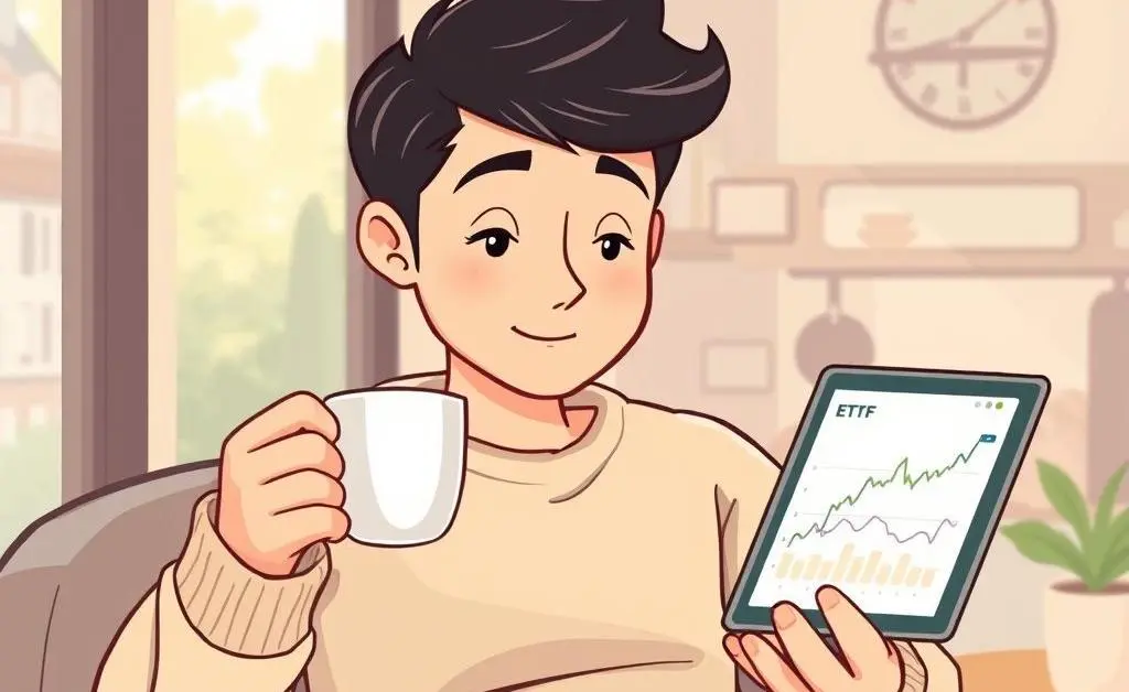 A relaxed cartoon of a person sipping coffee while checking their ETF performance on a tablet.