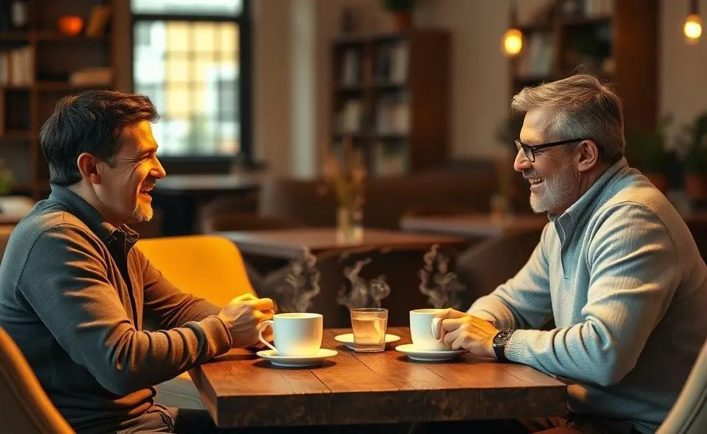 Two friends having a coffee discussing investment and fees.