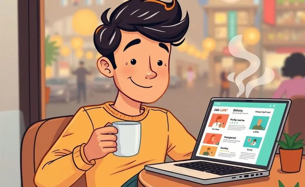 Cartoon of a person taking a coffee break with a laptop showing job listings in the background