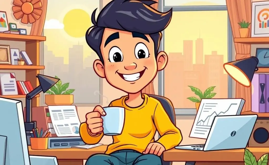 A cartoon of a person taking a coffee break while managing finances.