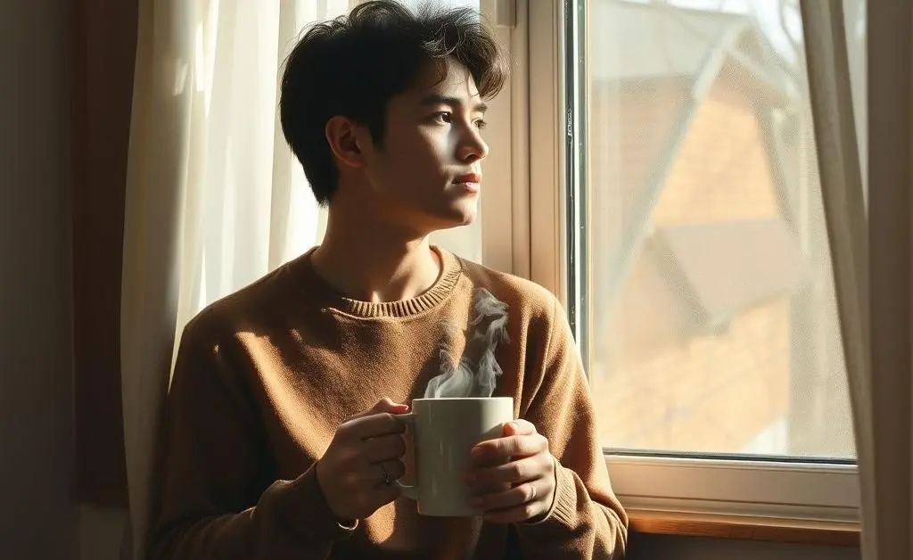 A person holding a mug, staring out a window in deep thought, suggesting contemplation.