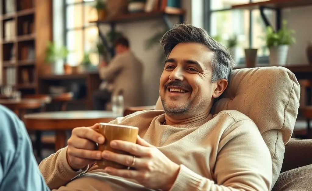 A person sitting leisurely with a cup of coffee, smiling and reflecting on their financial journey.
