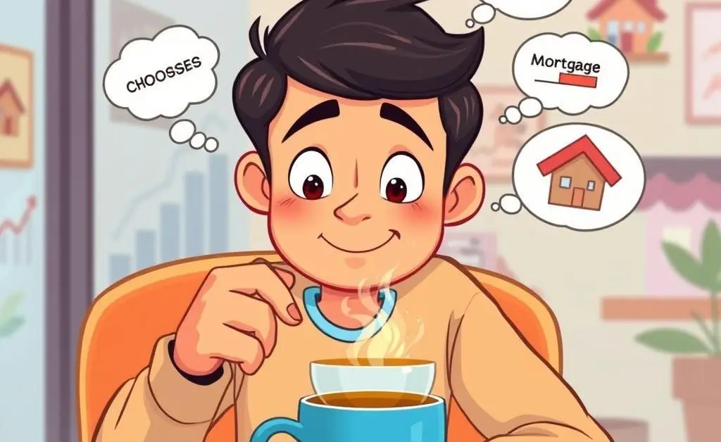 A light-hearted, cartoon-style image of a person pondering mortgage options over a cup of steaming coffee.