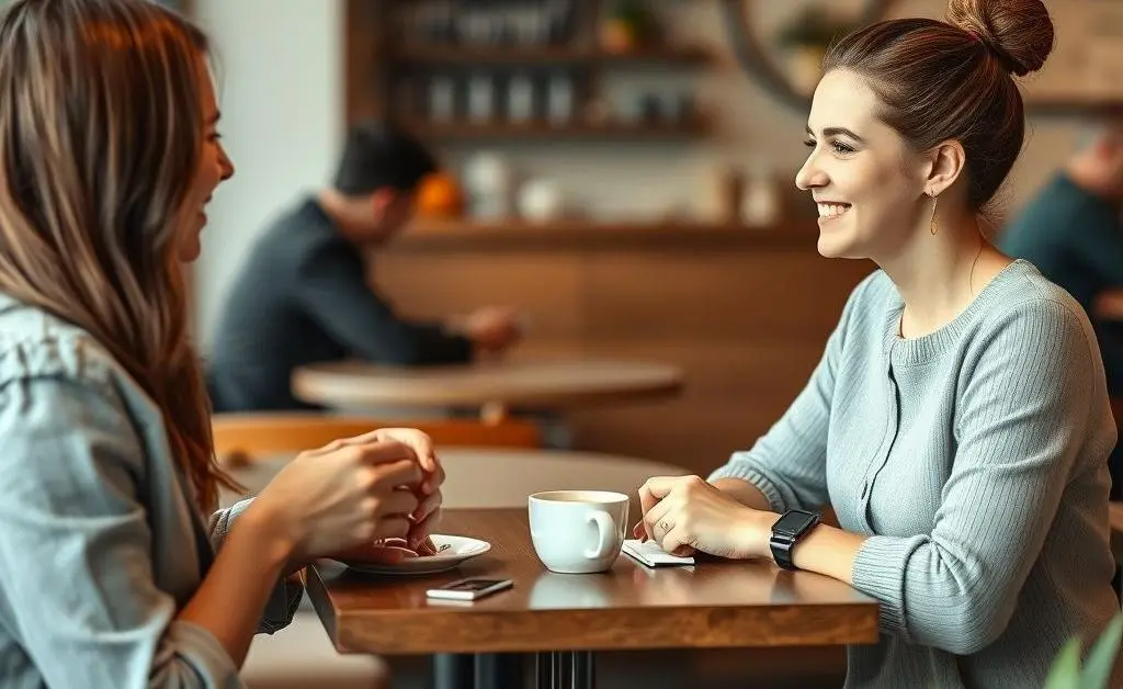 A person casually discussing life insurance options with a friend over coffee at a cozy cafe