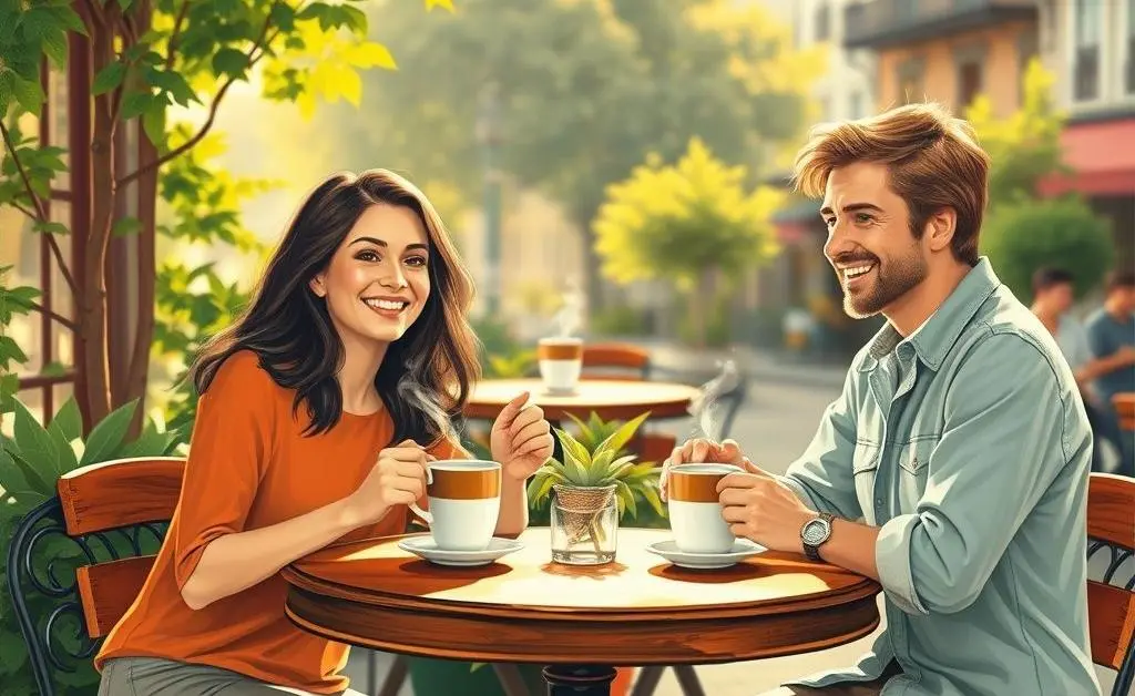 Two people sitting at a cafe table, smiling and discussing their credit scores over coffee