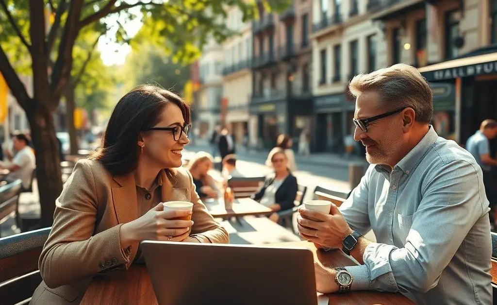 Two friends enjoying coffee at a cafe while discussing investment options, with a laptop on the table.