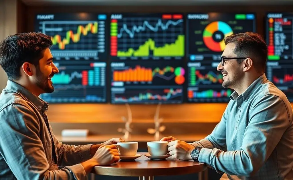 Two people having a casual coffee chat with financial charts in the background.