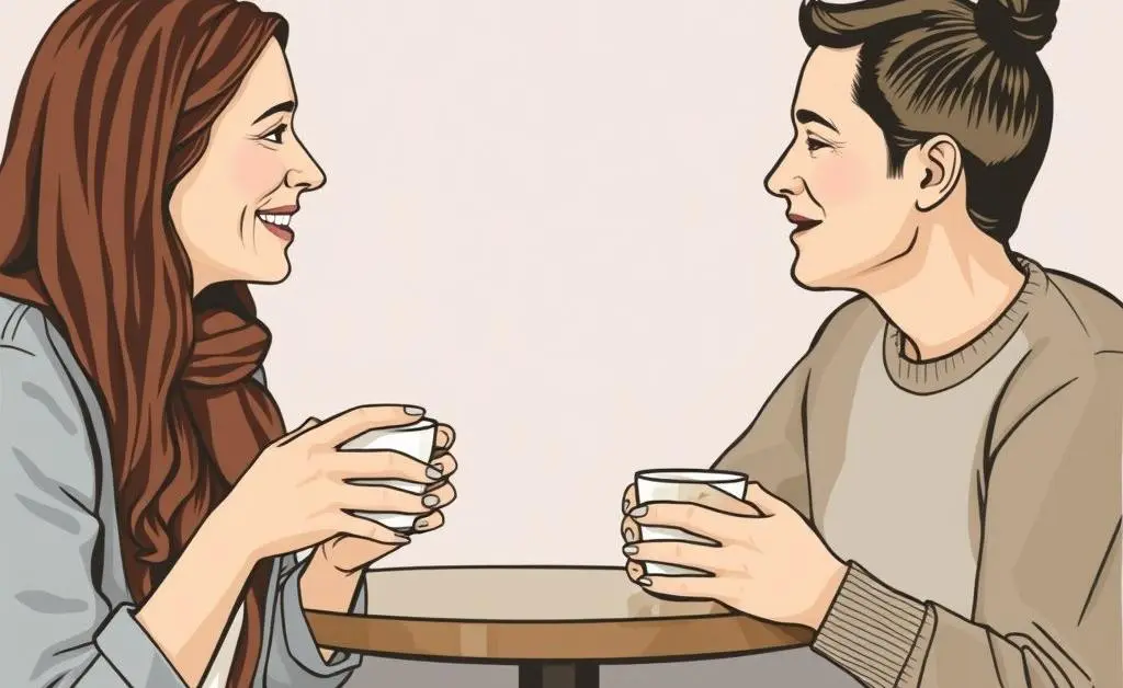 Two people conversing warmly over coffee