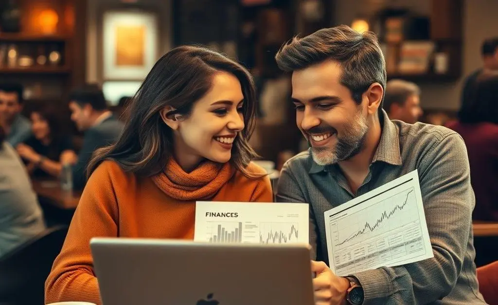 Two friends sitting at a coffee shop, chatting about finances with a laptop open