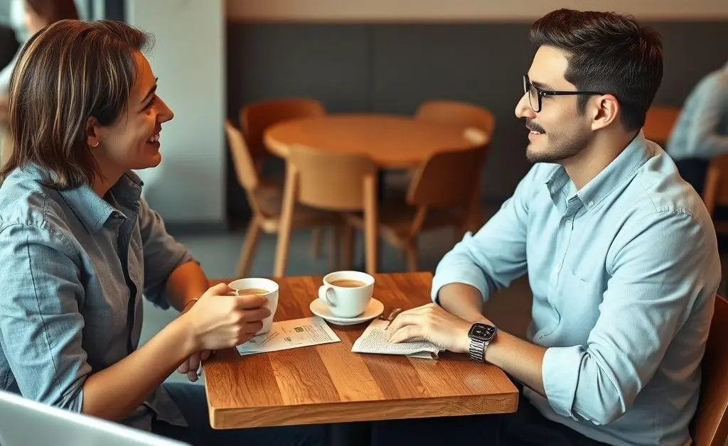 Two friends conversing over coffee at a cafe, surrounded by notes, a laptop, and a financial newspaper.