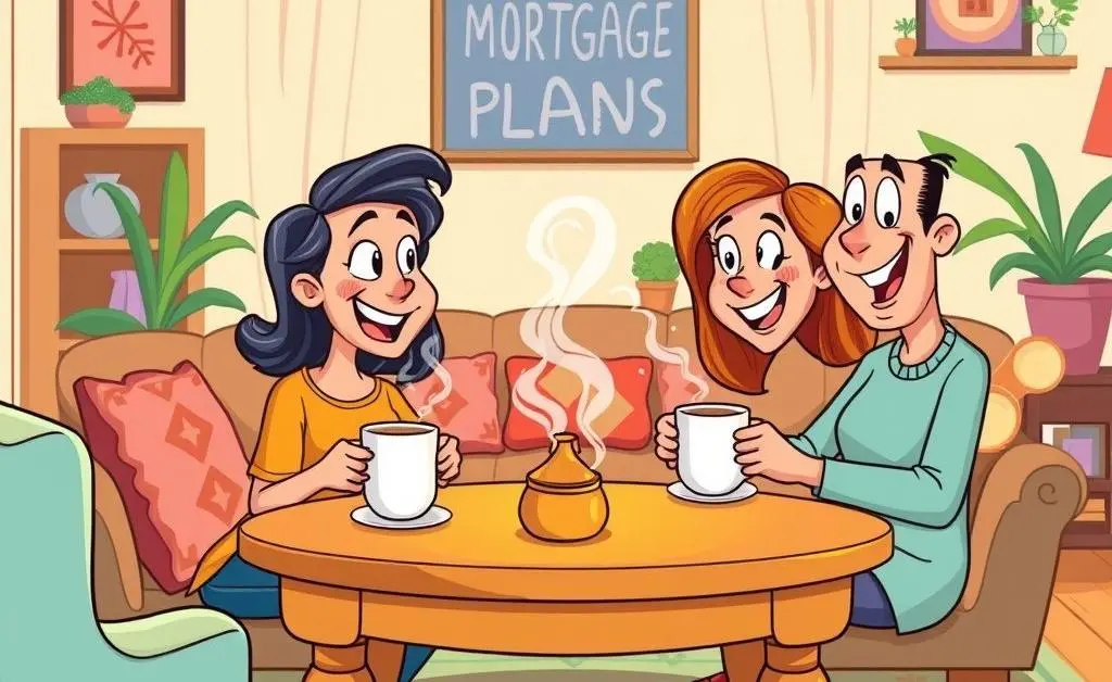 Two friends discussing mortgage options over coffee