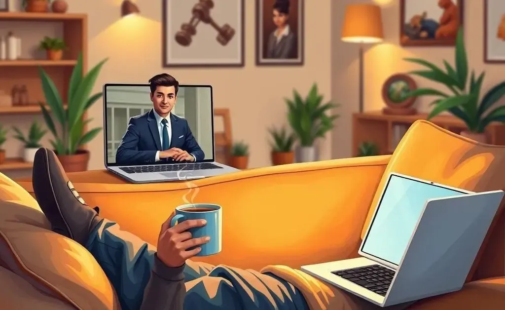 Artistic illustration of a person sitting on a couch with a cup of coffee, talking to a lawyer on video call.