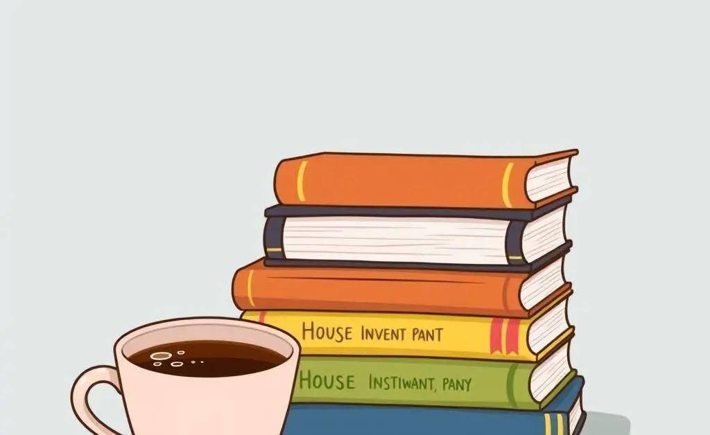 Cartoon image of a coffee cup next to a stack of house investment books