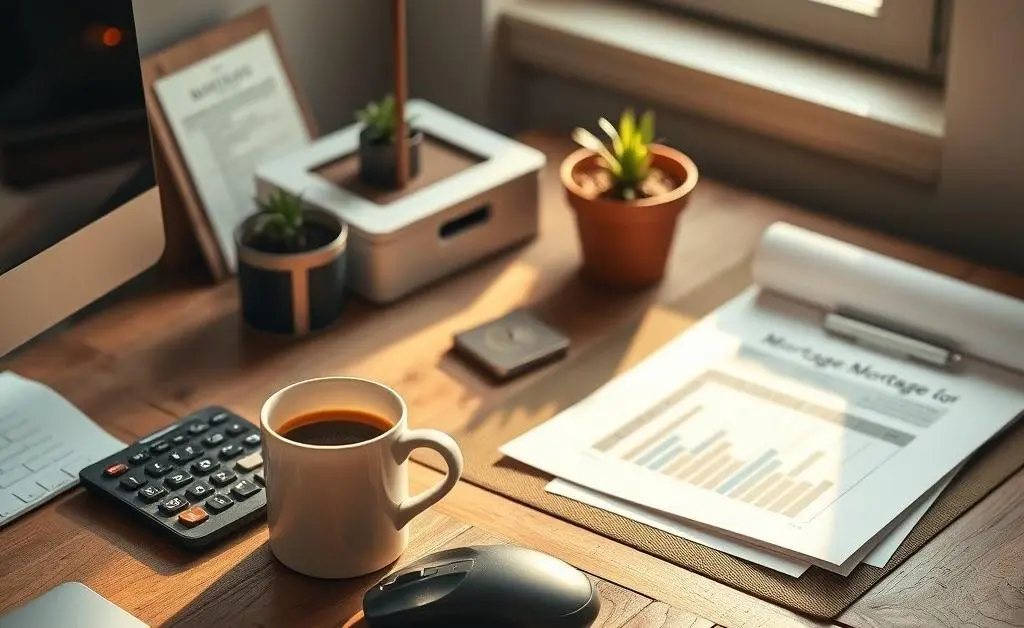 A cozy workspace with a coffee cup, calculator, and mortgage papers.