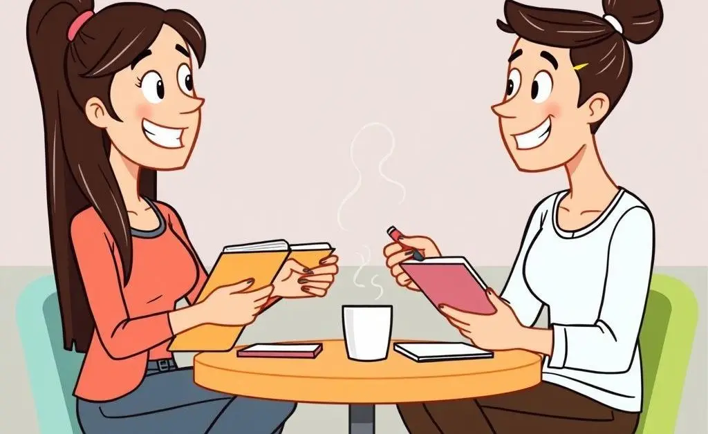 Two friends having coffee, discussing budgeting strategies together.
