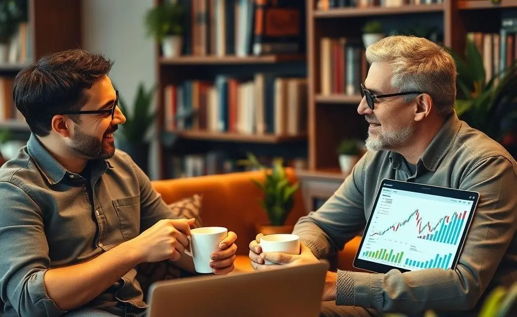 Two friends having coffee, discussing investments with laptops and graphs visible.