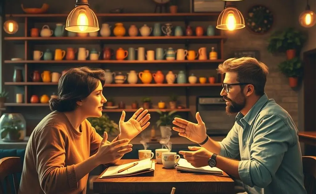 Two people discussing loan origination at a coffee shop.