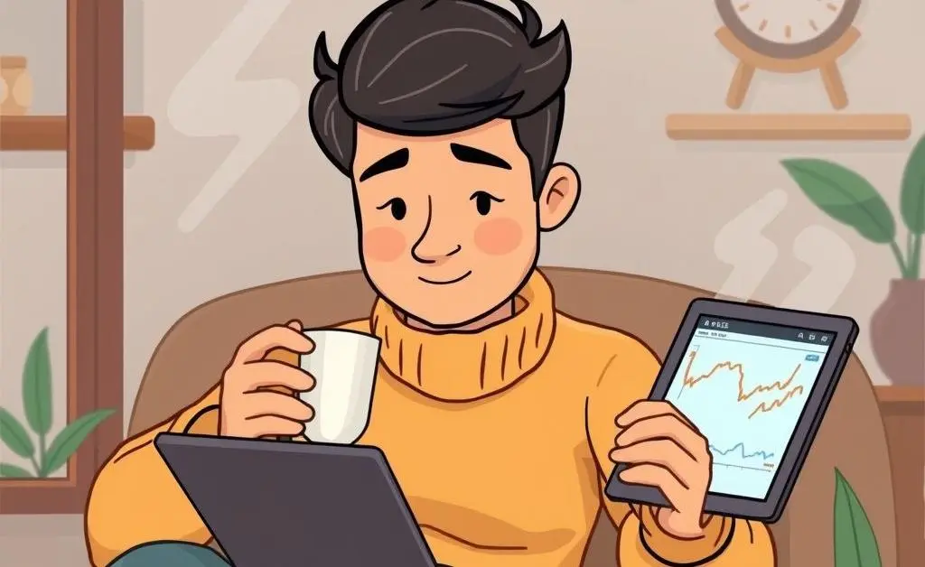 A person enjoying coffee while checking stock markets on a tablet