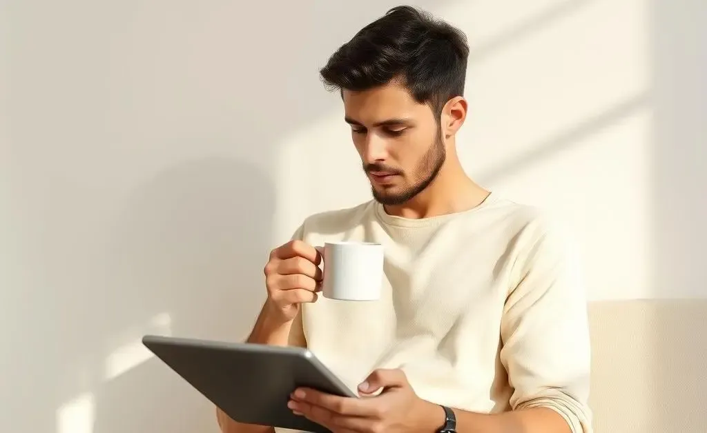 A person having coffee while checking investments on a tablet