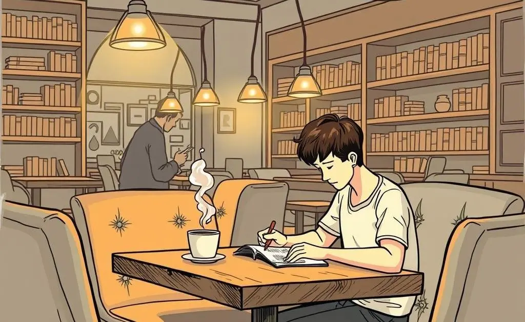 Illustration of a calm coffee shop scene with a person sketching financial goals.