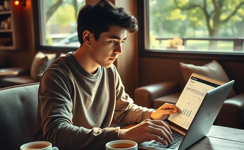 Person calculating budget in a coffee shop with a coffee cup
