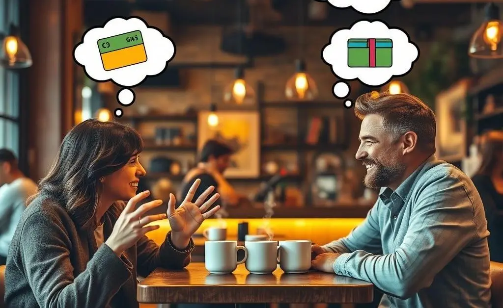 Two friends chatting in a coffee shop, one explaining credit card strategies