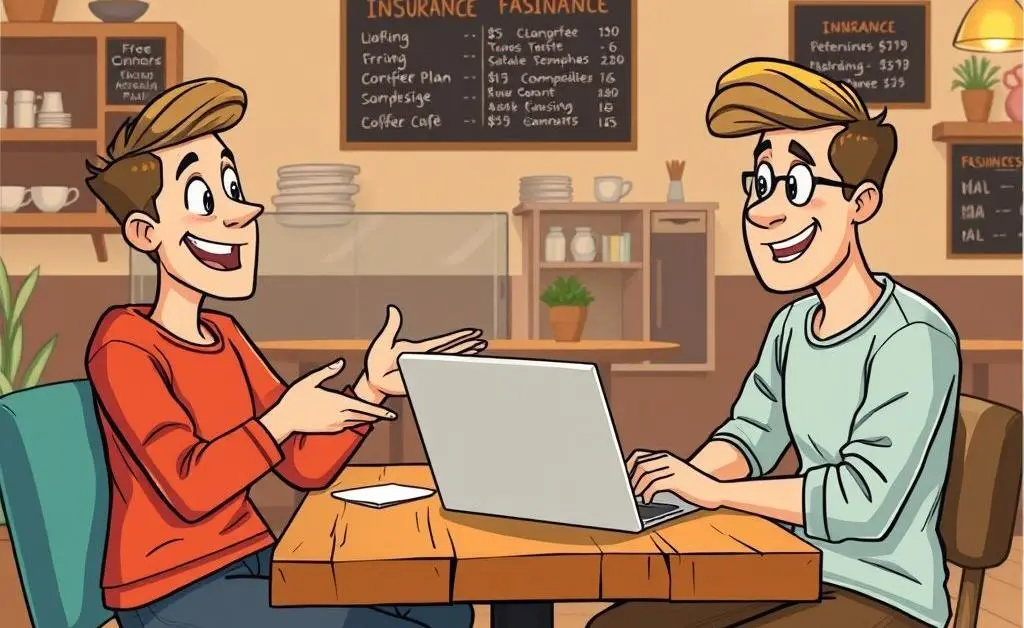 Two friends chatting in a coffee shop about insurance offers.