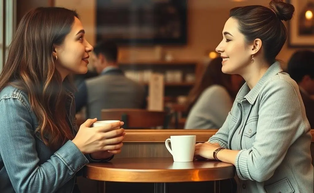 Two friends having a thoughtful discussion in a cozy coffee shop setting.