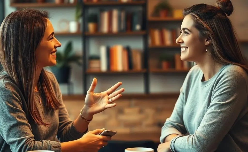 Two friends having a casual conversation in a coffee shop about financial advice.