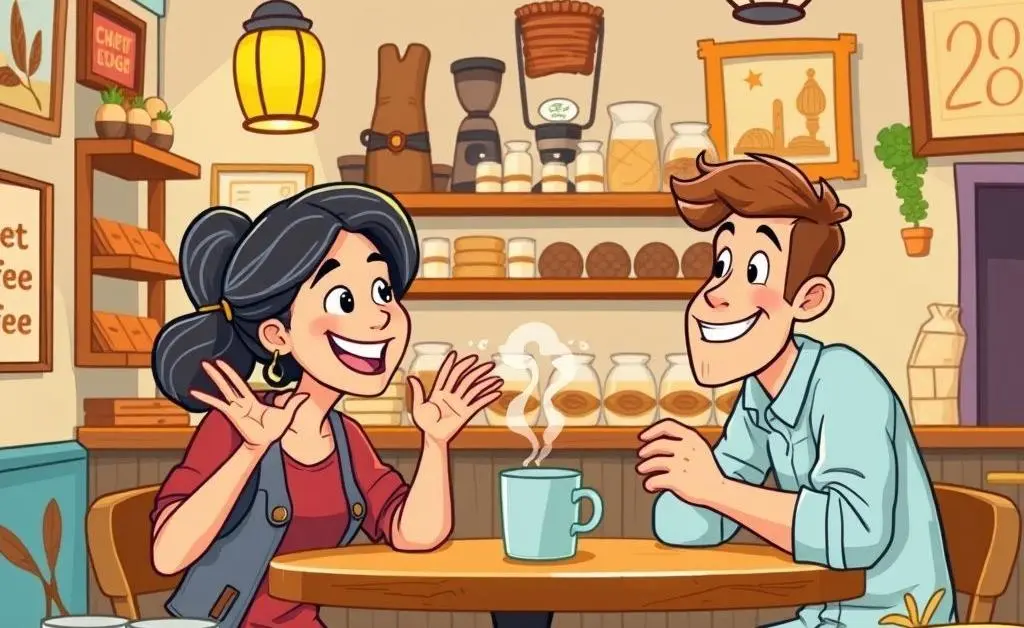 Cartoon-style conversation about credit card rewards in a coffee shop