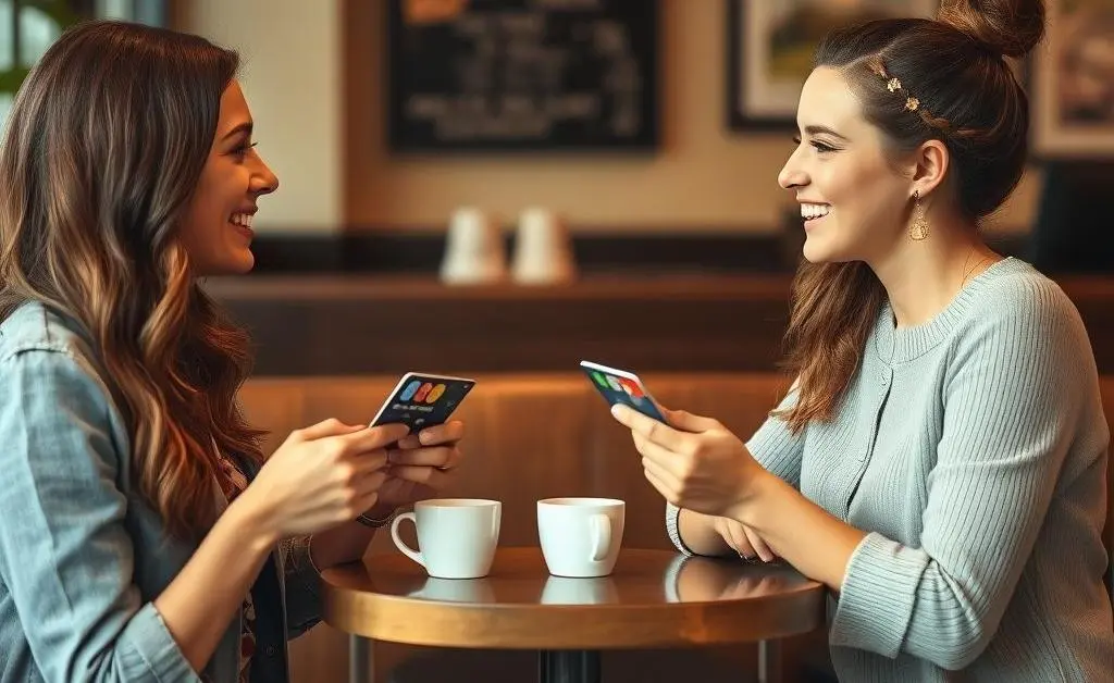 Two friends discussing credit cards over coffee in a cozy café.