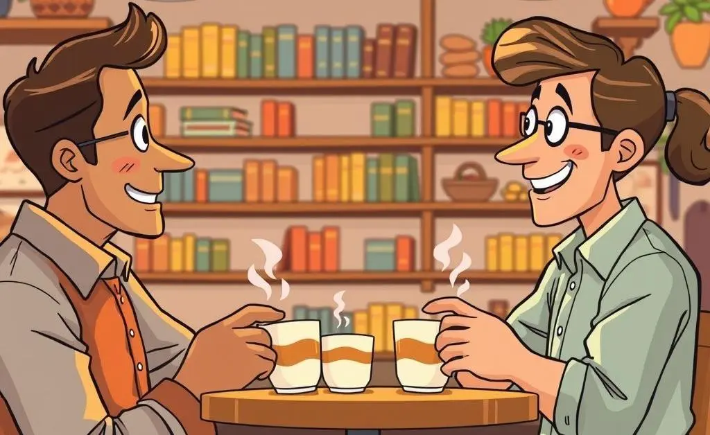 Two friends discussing financial news over coffee.