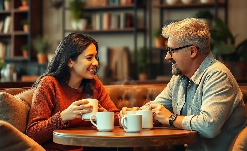Two friends discussing credit card rewards over coffee in a cozy setting.