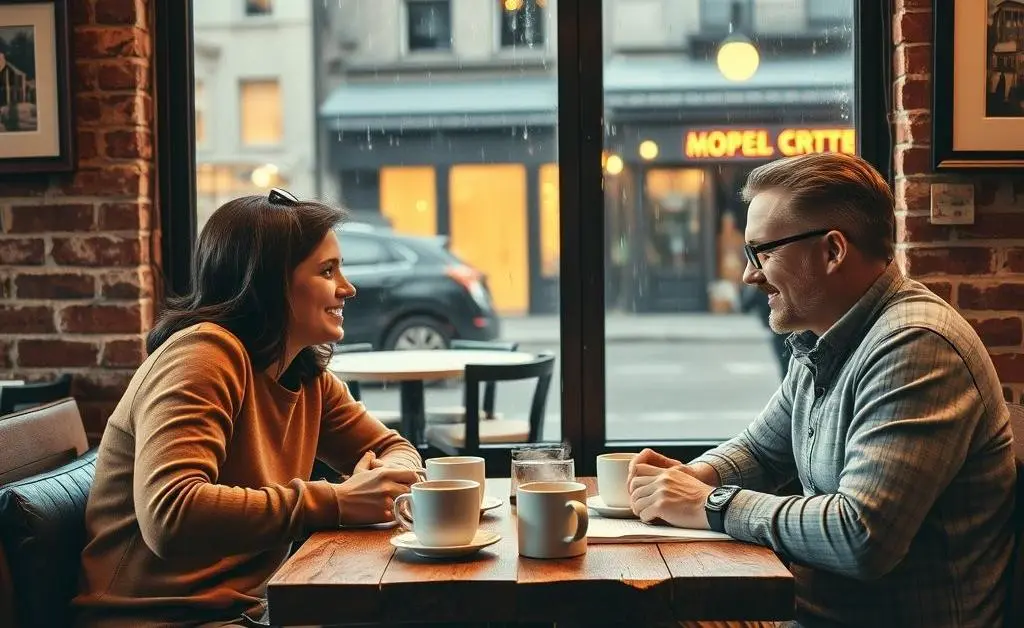 Two friends having a conversation about real estate investments in a cozy coffee shop.