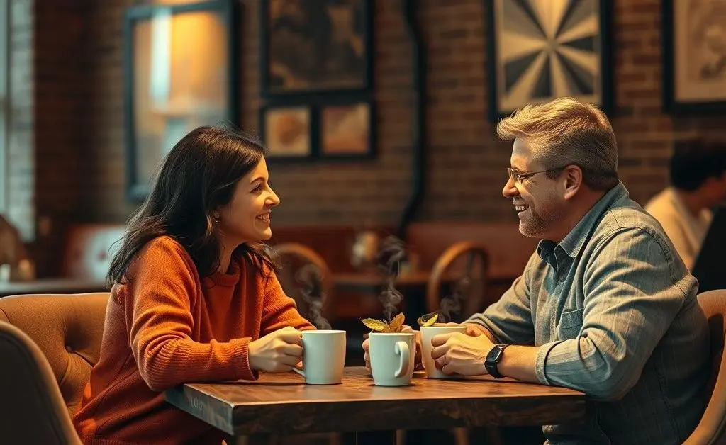 Two friends having a warm conversation over coffee in a cozy coffee shop setting