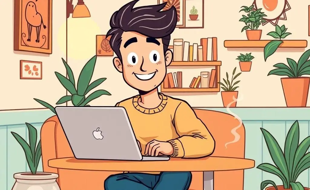 Illustration of a relaxed entrepreneur working on a laptop at a cozy coffee shop.