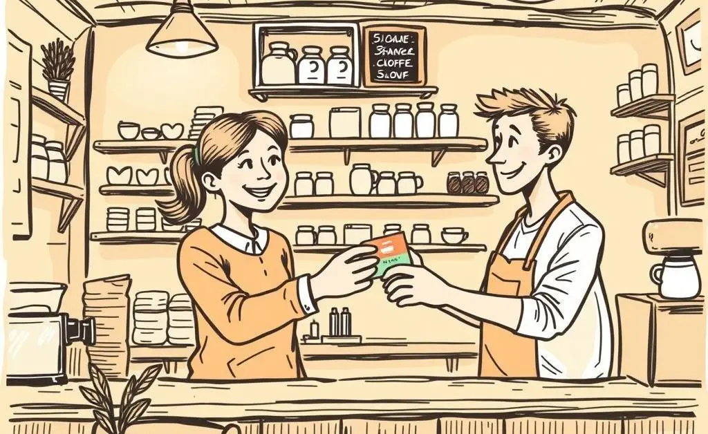 Hand-drawn image of a friendly barista exchanging a coffee for a gift card at a cozy coffee shop.