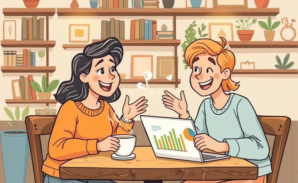 Friends discussing finance in a coffee shop with graphs