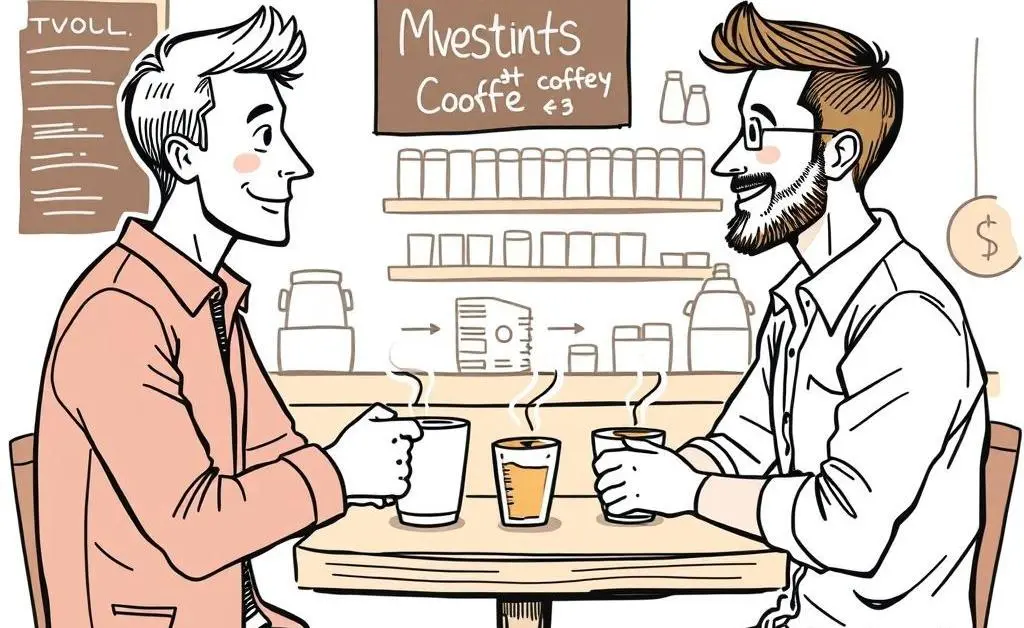 Two friends in a coffee shop discussing investments over coffee.