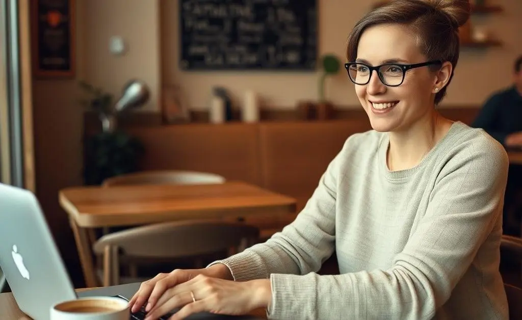 A content person working on a laptop in a cozy coffee shop with a cappuccino.