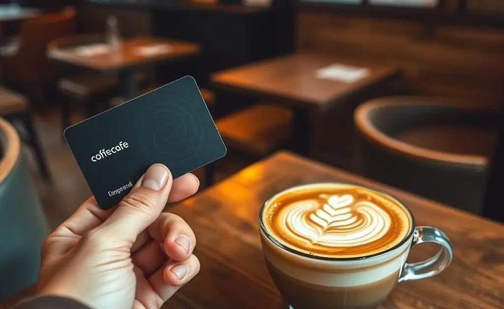 A rewarding experience with a coffee loyalty card and a latte on a café table.
